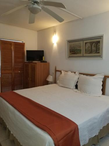 a bedroom with a large bed with a ceiling fan at 212 Goldenview in Saint James