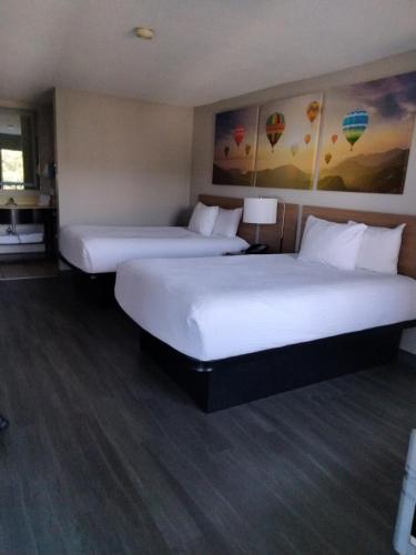two beds in a hotel room with white sheets at Days Inn & Suites by Wyndham Albuquerque North in Albuquerque