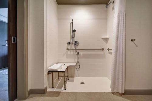 baño blanco con ducha y lavamanos en Hilton Garden Inn Lansing West, en Lansing