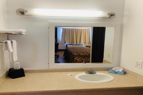 a bathroom mirror with a sink in a hotel room at Economy Inn by OYO Holland in Holland