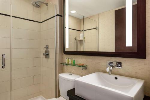 y baño con lavabo, aseo y ducha. en DoubleTree by Hilton New York Downtown, en Nueva York