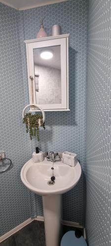 a bathroom with a sink and a mirror at ML66 8 BERTH CARAVAN GOLDEN PALM CHAPEL ST LEONARDS in Chapel Saint Leonards