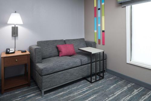 a gray couch with a pink pillow in a room at Hampton Inn & Suites Chicago North Shore in Skokie