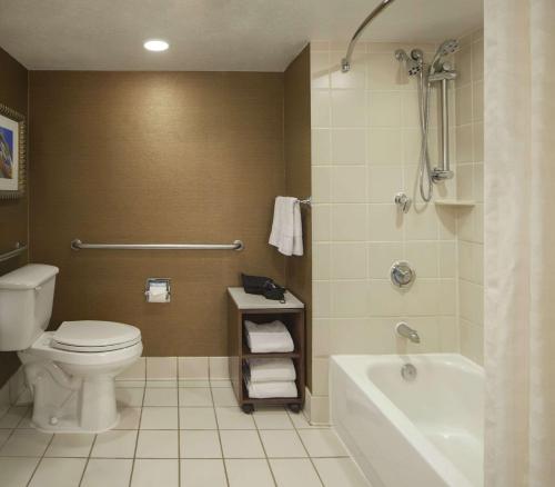 a bathroom with a toilet and a bath tub at Embassy Suites by Hilton Austin Arboretum in Austin