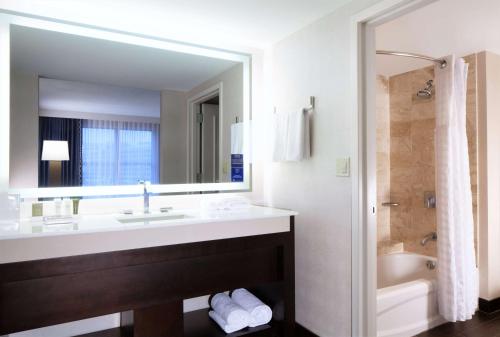 a bathroom with a sink and a tub and a mirror at Hilton Alexandria Old Town in Alexandria