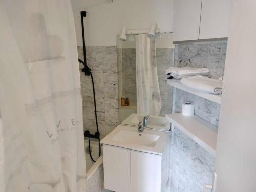 y baño blanco con lavabo y ducha. en Appartement vintage en Vitry-sur-Seine