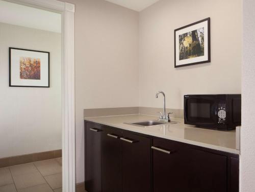 a kitchen with a sink and a microwave at Hilton Santa Cruz Scotts Valley in Santa Cruz