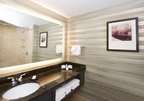 a bathroom with a sink and a mirror at Embassy Suites by Hilton Walnut Creek in Walnut Creek