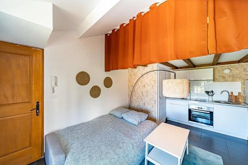 a small room with a bed and a kitchen at Le Cocoon-4pers avec mezzanine-Cusset Villeurbanne in Villeurbanne
