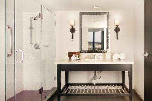 a bathroom with a sink and a shower at Hilton Houston NASA Clear Lake in Seabrook