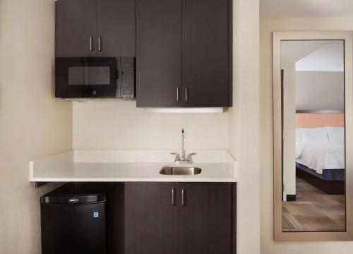 a kitchen with black cabinets and a sink at Hampton Inn Charleston-Southridge in Charleston