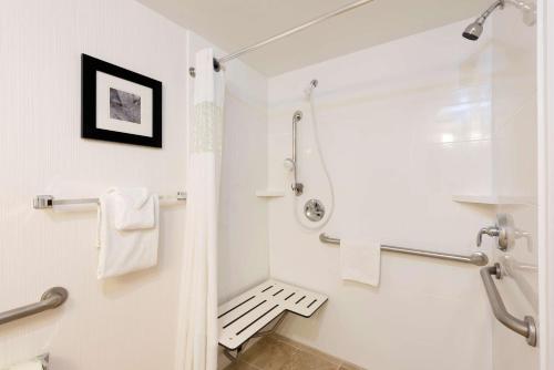 a bathroom with a shower and a toilet at Larkspur Landing Ann Arbor in Ann Arbor