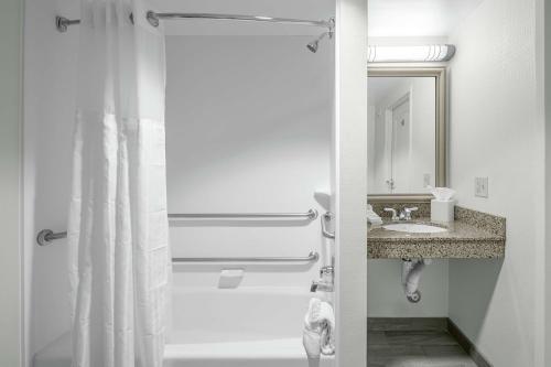 La salle de bains est pourvue d'un rideau de douche et d'un lavabo. dans l'établissement Hilton Garden Inn Wilmington Mayfaire Town Center, à Wilmington