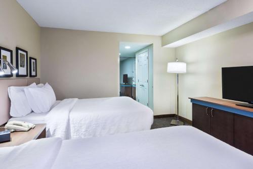 a hotel room with two beds and a flat screen tv at Hilton Garden Inn Westbury in Westbury