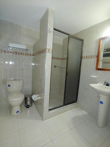 uma casa de banho com um chuveiro, um WC e um lavatório. em Hotel Litavira Vintage em Sogamoso