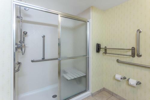 a shower with a glass door in a bathroom at Hampton Inn Richmond - South in Richmond