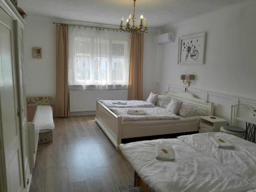 sypialnia z 2 łóżkami i oknem w obiekcie Edina Vintage Vendégház w mieście Mosonmagyaróvár