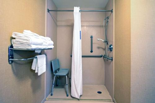 y baño con ducha con cortina de ducha y silla. en Hampton Inn & Suites Smithfield en Smithfield
