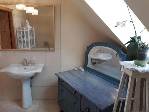 uma casa de banho com um lavatório e um espelho em Viki talu 