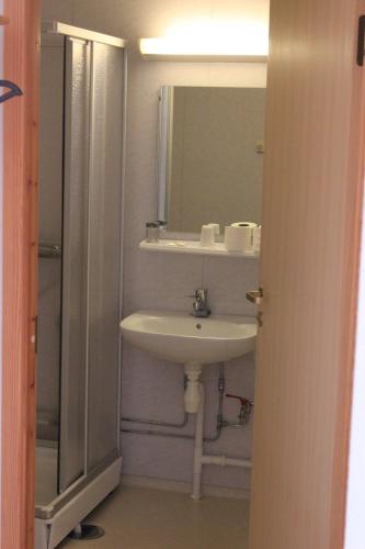 a bathroom with a sink and a mirror at Ildtoppen in Leirpollen