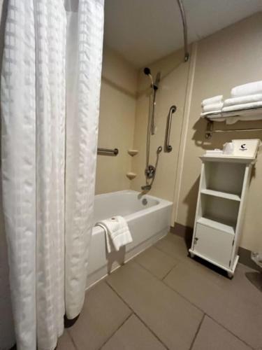 y baño con bañera y cortina de ducha. en Comfort Inn Bloomington near University en Bloomington
