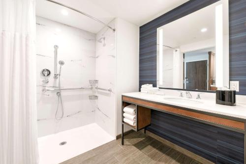 a bathroom with a shower and a sink and a tub at Hilton Garden Inn Fremont Milpitas in Fremont