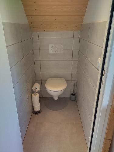 Elle comprend une petite salle de bains pourvue de toilettes. dans l'établissement Logement entre lac et montagne, à Annecy