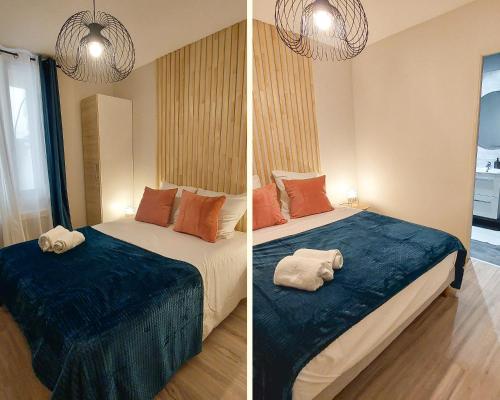 2 Bilder eines Schlafzimmers mit einem Bett mit Handtüchern darauf in der Unterkunft ArtGrey * Idéal Pro * Roanne Secteur Gare et rue piétonnes in Roanne