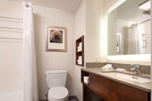 a bathroom with a toilet and a sink and a mirror at Hilton Garden Inn Long Island City in Queens