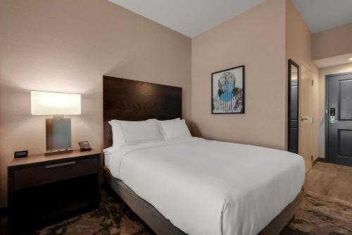 una habitación de hotel con una gran cama blanca y una lámpara en DoubleTree by Hilton Denver International Airport, CO, en Denver