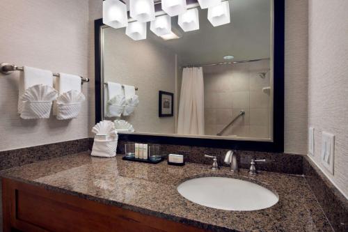 a bathroom with a sink and a large mirror at Embassy Suites by Hilton Austin Central in Austin