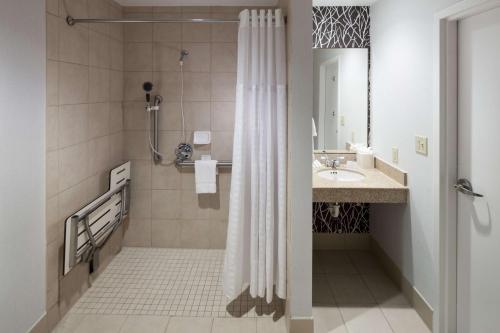 La salle de bains est pourvue d'un rideau de douche et d'un lavabo. dans l'établissement Hilton Garden Inn Frisco, à Frisco