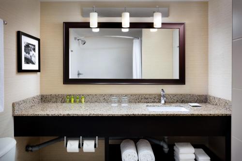 a bathroom with a sink and a mirror at Delta Hotels by Marriott Sault Ste. Marie Waterfront in Sault Ste. Marie