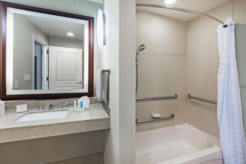 La salle de bains est pourvue d'une baignoire, d'un lavabo et d'une douche. dans l'établissement Homewood Suites Dallas Downtown, à Dallas