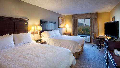 a hotel room with two beds and a flat screen tv at Hampton Inn Bennington in Bennington