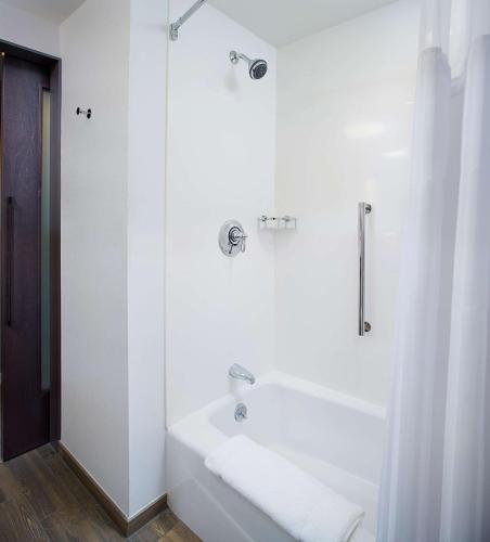 a white bathroom with a tub and a shower at Hilton Garden Inn Providence in Providence