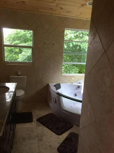 a bathroom with a tub and a sink and two windows at KastleRock of the Highlands in Banner Elk