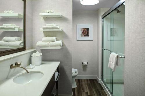 een badkamer met een wastafel, een toilet en een spiegel bij Hampton Inn & Suites Pittsburg Kansas Crossing in Pittsburg