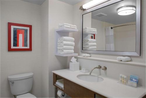 Hampton Inn & Suites Columbus Scioto Downs في كولومبوس: حمام أبيض مع حوض ومرآة