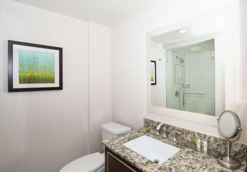 a bathroom with a sink and a toilet and a mirror at DoubleTree by Hilton Portland in Portland