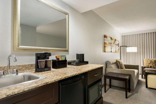 a hotel room with a sink and a mirror at Embassy Suites by Hilton Atlanta Alpharetta in Alpharetta