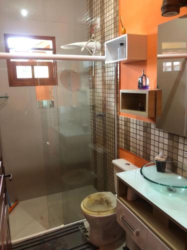 a bathroom with a shower with a toilet and a sink at Sítio Chalé 3Ipes in Senador José Bento