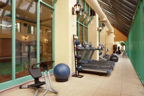 a gym with rows of exercise equipment in a building at Embassy Suites by Hilton Santa Ana Orange County Airport in Santa Ana