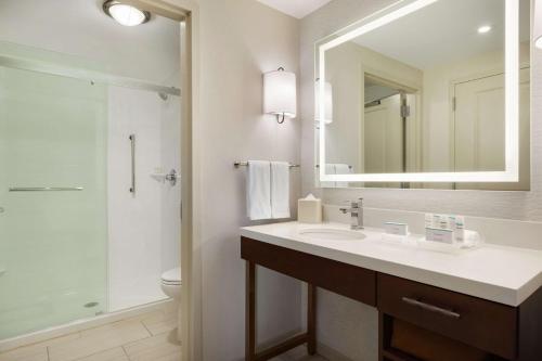 a bathroom with a sink and a shower and a mirror at Homewood Suites by Hilton Albany Crossgates Mall in Albany