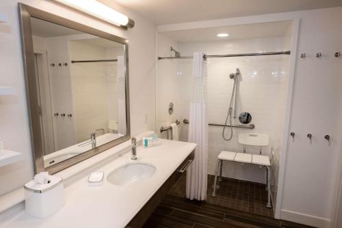 y baño blanco con lavabo y ducha. en Hampton Inn Albany-Western Ave/University Area, NY, en Albany