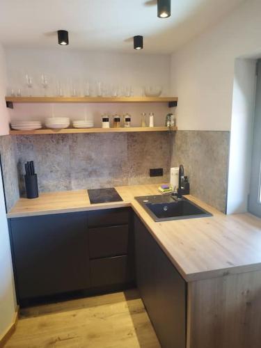 a kitchen with a sink and a counter top at Apartament u Bobaków 2 in Bańska Niżna
