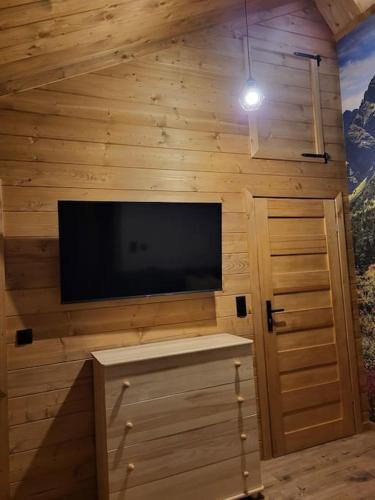 een kamer met een tv en een houten muur bij Apartament u Bobaków 2 in Bańska Niżna