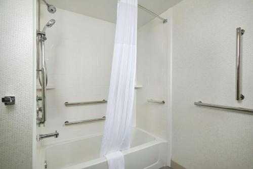 a bathroom with a tub and a shower with a shower curtain at Hampton Inn & Suites Oxford-Anniston in Oxford