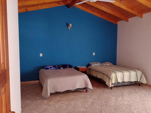 Duas camas num quarto com uma parede azul em El oso viejo em Puerto Iguazú