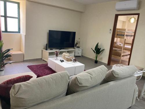 a living room with a couch and a tv at SPA - Casa do Avo BESELGA in Santo Amaro